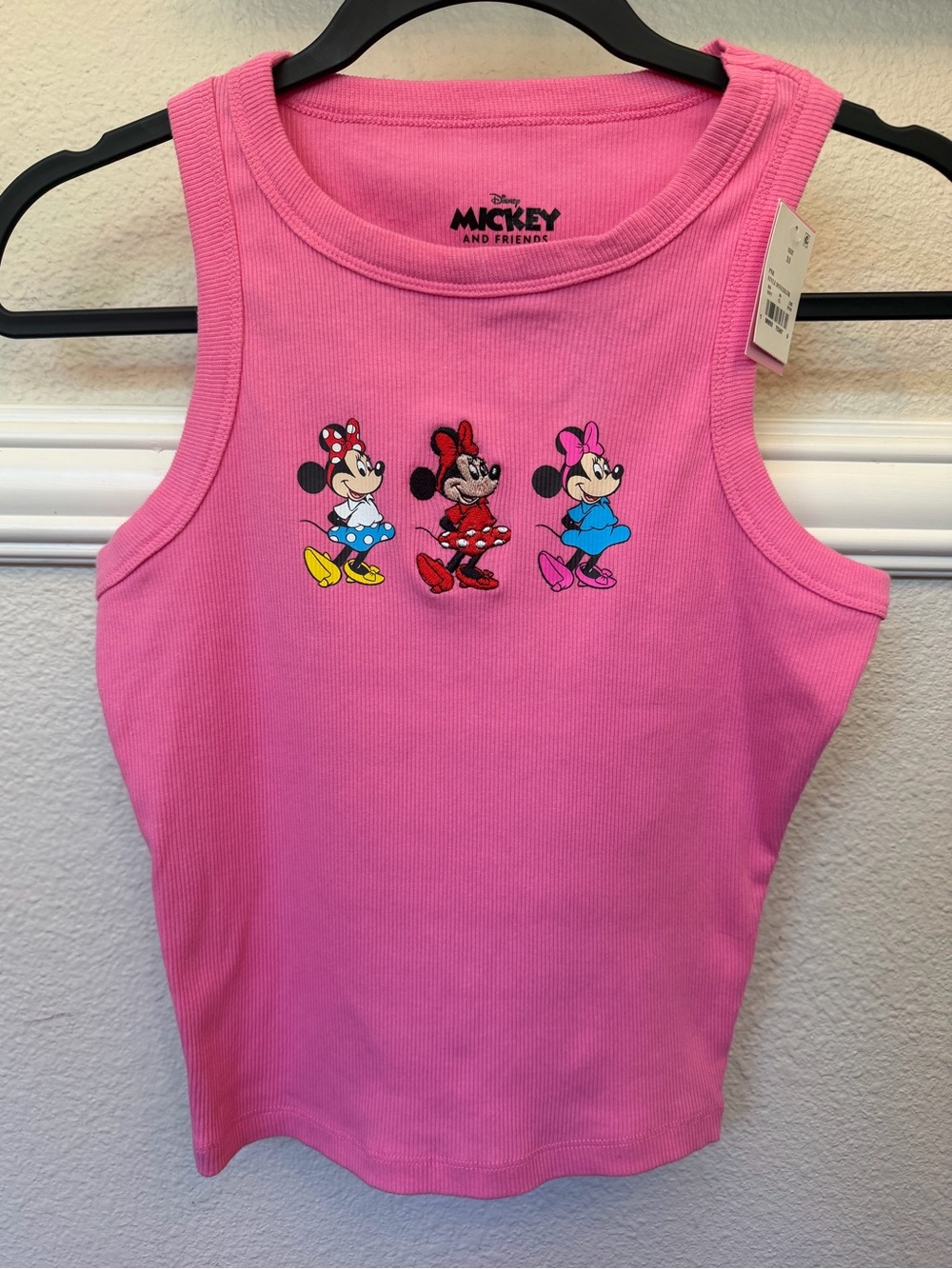 Disney Womens Pink Ribbed Tank Top with Trio Minnie Mouse Graphic - Size XS